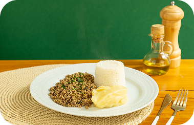 Carne Moída Refogada c/ Arroz de Brócolis e Purê de Batata
