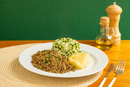 Carne Moída Refogada c/ Arroz de Brócolis e Purê de Batata