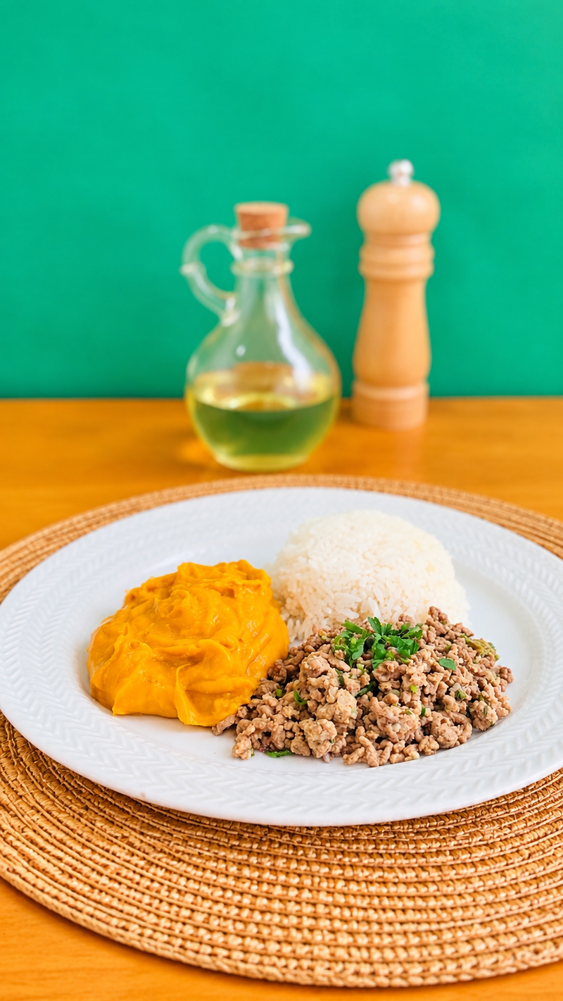 Carne Moída Refogada c/ Purê de Abóbora e Arroz Branco