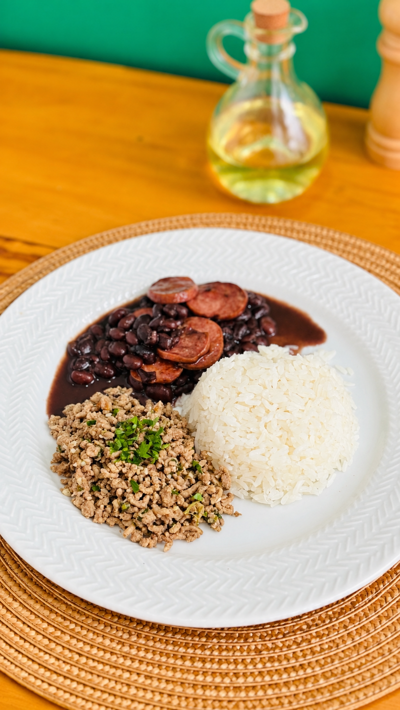 Carne Moída Refogada, Arroz Branco e Feijão Preto c/ Linguiça