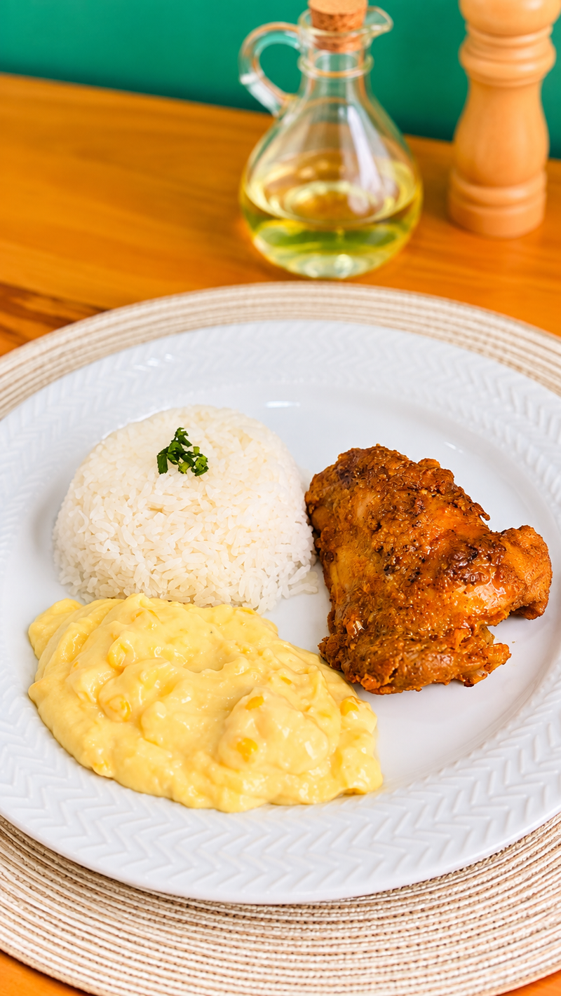 Sobrecoxa c/ Creme de Milho e Arroz Branco