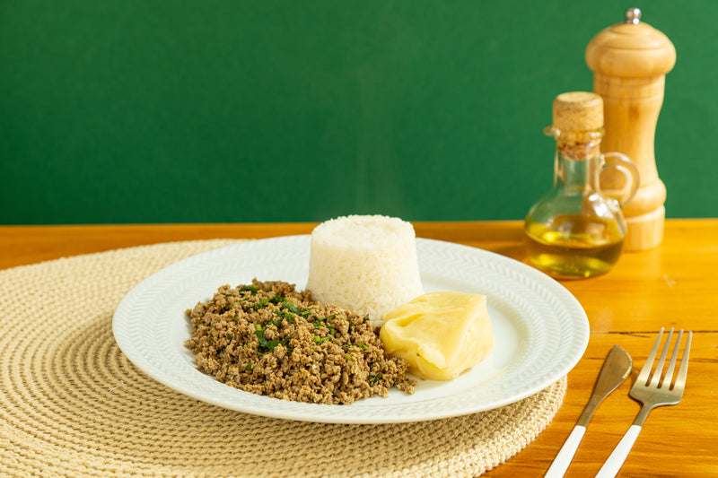Carne Moída Refogada c/ Purê de Batata e Arroz Branco
