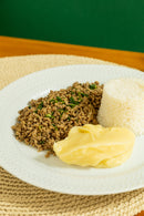 Carne Moída Refogada c/ Purê de Batata e Arroz Branco