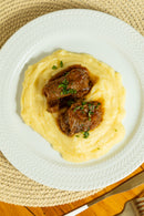 Bife à Rolê Recheado c/ Cenoura e Linguiça Calabresa, Arroz Branco e Purê de Batata